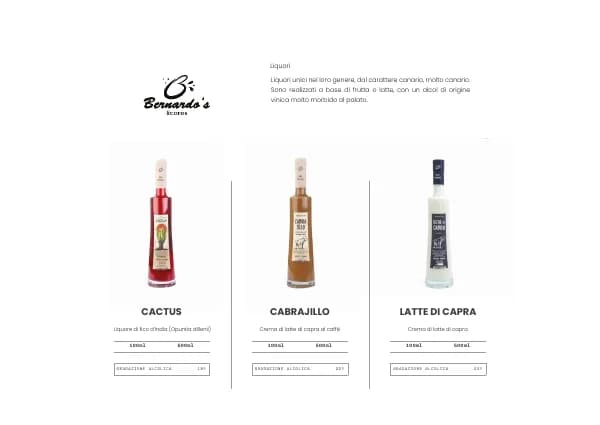 Pagina dei liquori dal catalogo Bernardo's