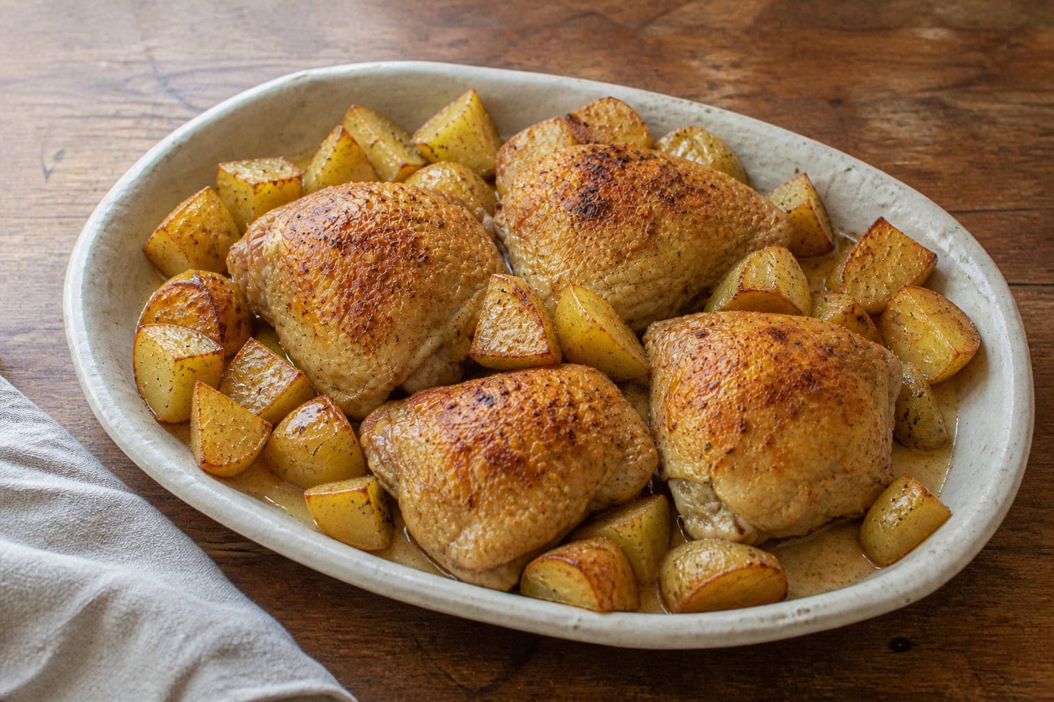 Juicy chicken and golden roast potatoes, seasoned directly with dehydrated mojo rojo picón.