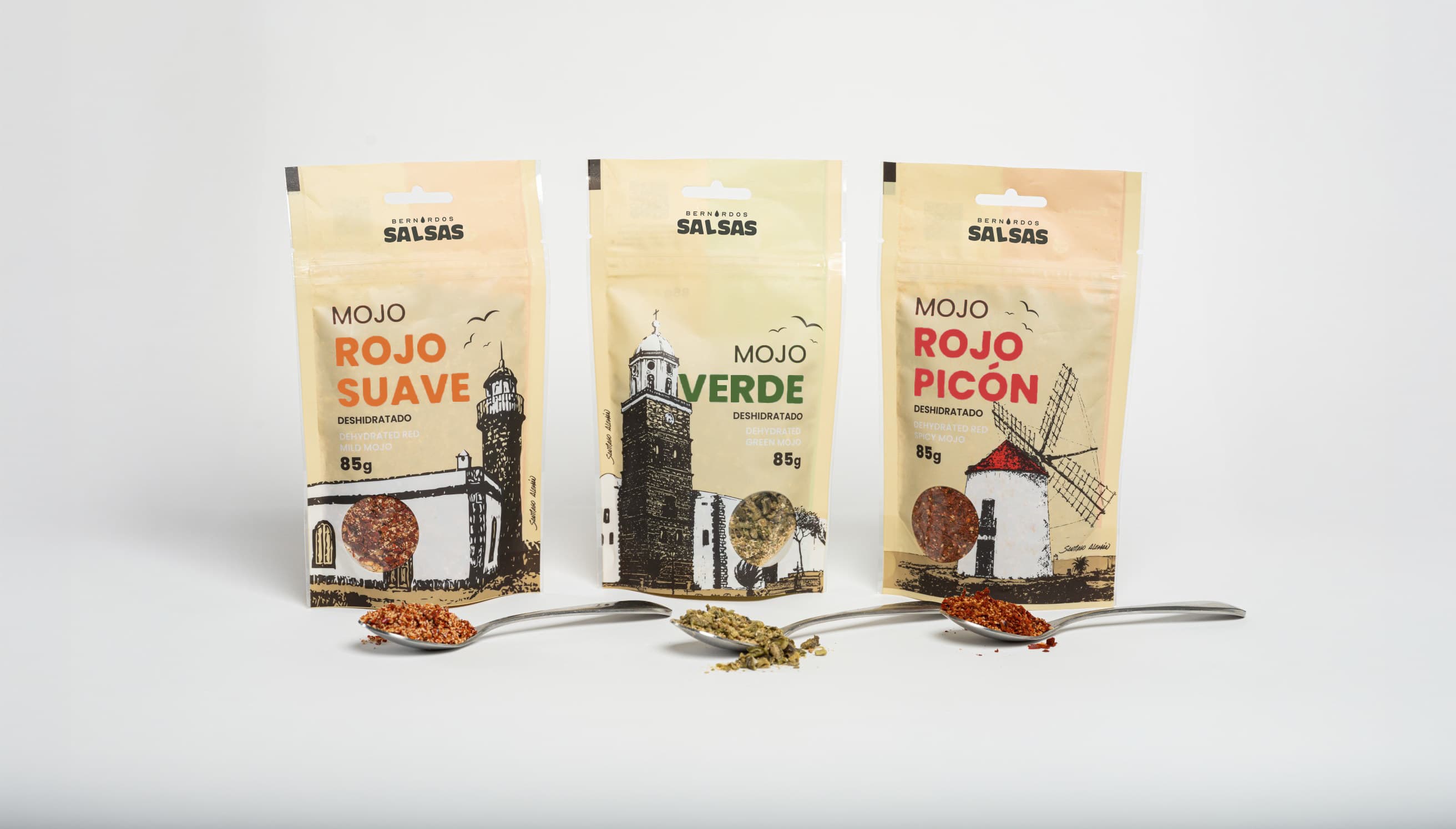 Bernardo's three dehydrated mojos in 85 g sachets, with a spoonful of each