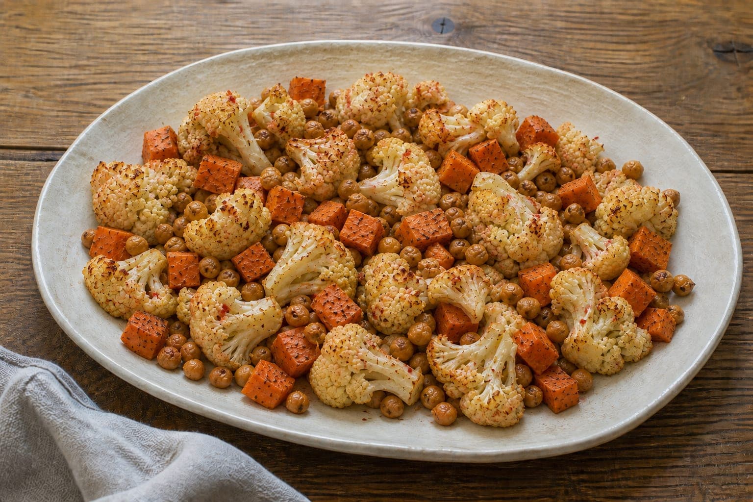 A vegan tray of golden cauliflower, tender sweet potato and crisp chickpeas, seasoned directly with dehydrated mojo rojo suave.