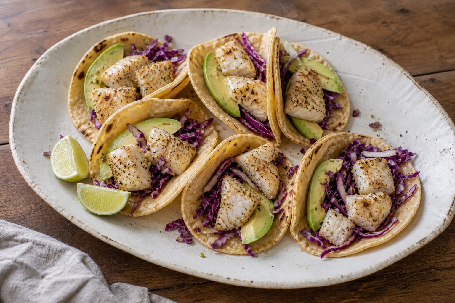 Golden white fish seasoned directly with dehydrated mojo verde, with red cabbage, avocado and lime.