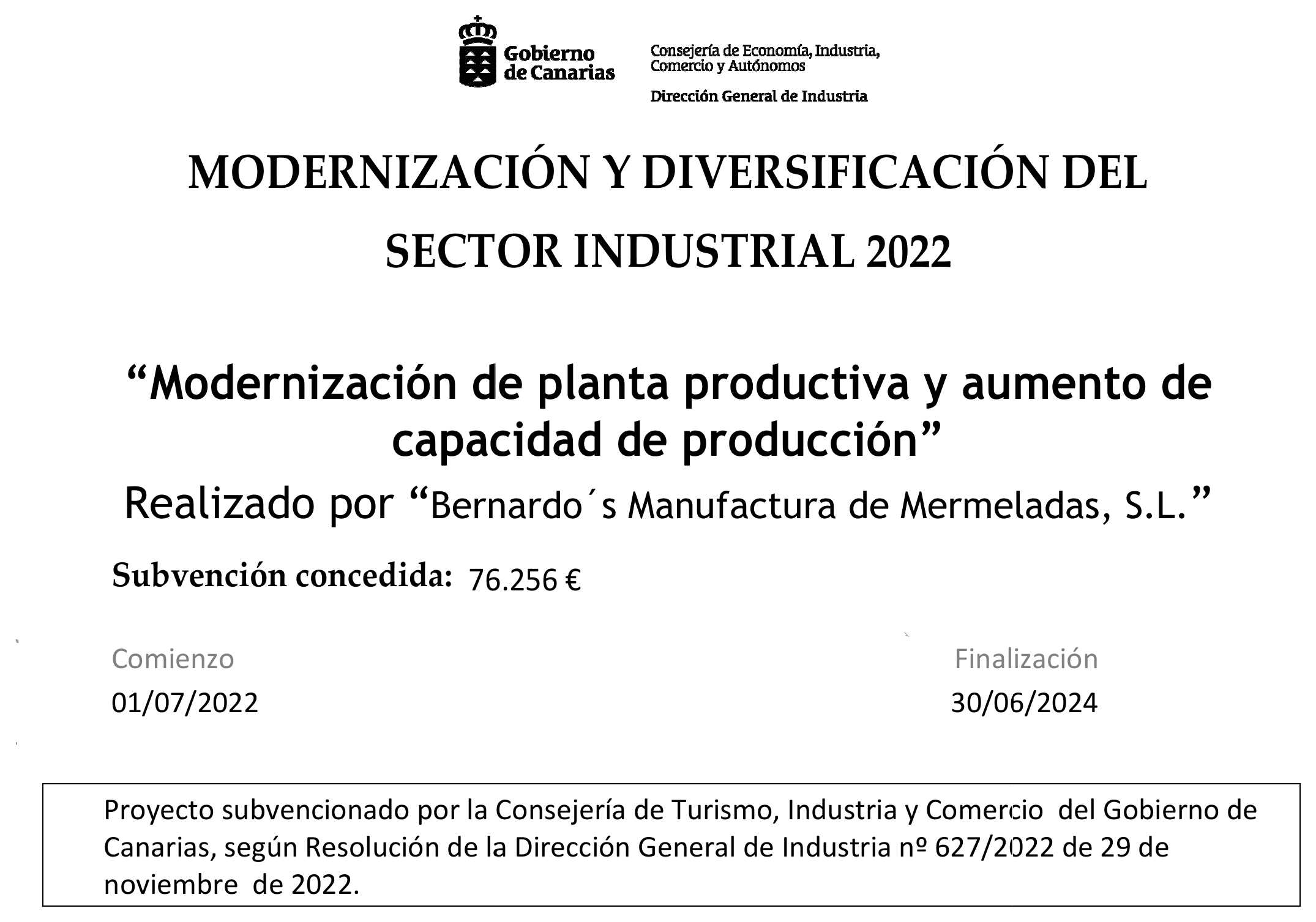 Cartel de publicidad de la subvención de modernización y diversificación del sector industrial 2022, con el logotipo del Gobierno de Canarias.